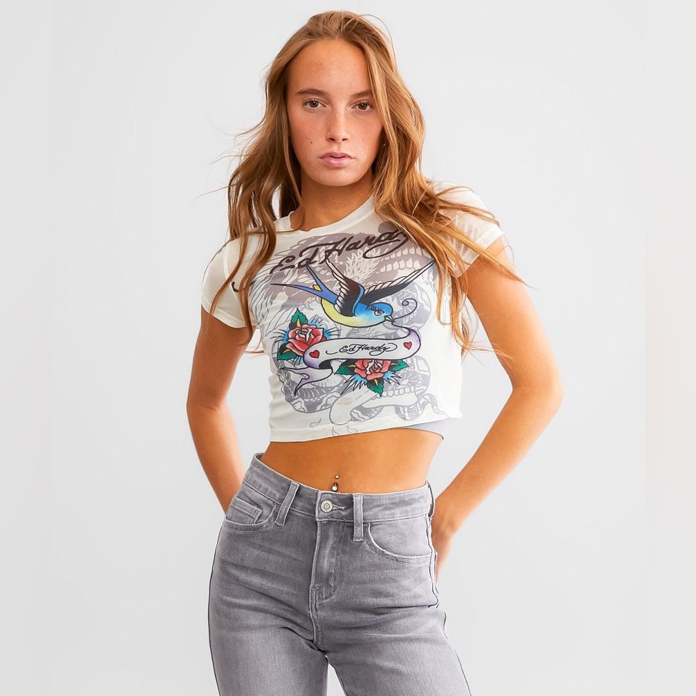 Ed Hardy Cream Sheer Graphic Cropped Tee with Blue & Red Accents